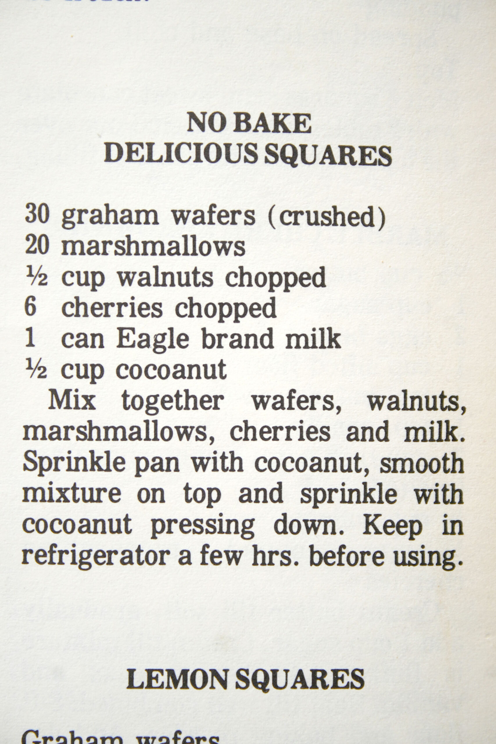 Wyman Women’s Institute Cook Book – No bake delicious squares